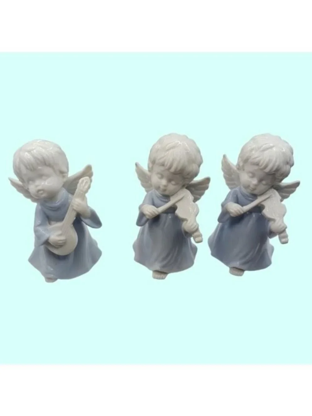 B & A Ceramic Figurine Angels Playing Instruments Blue/White Set of 3